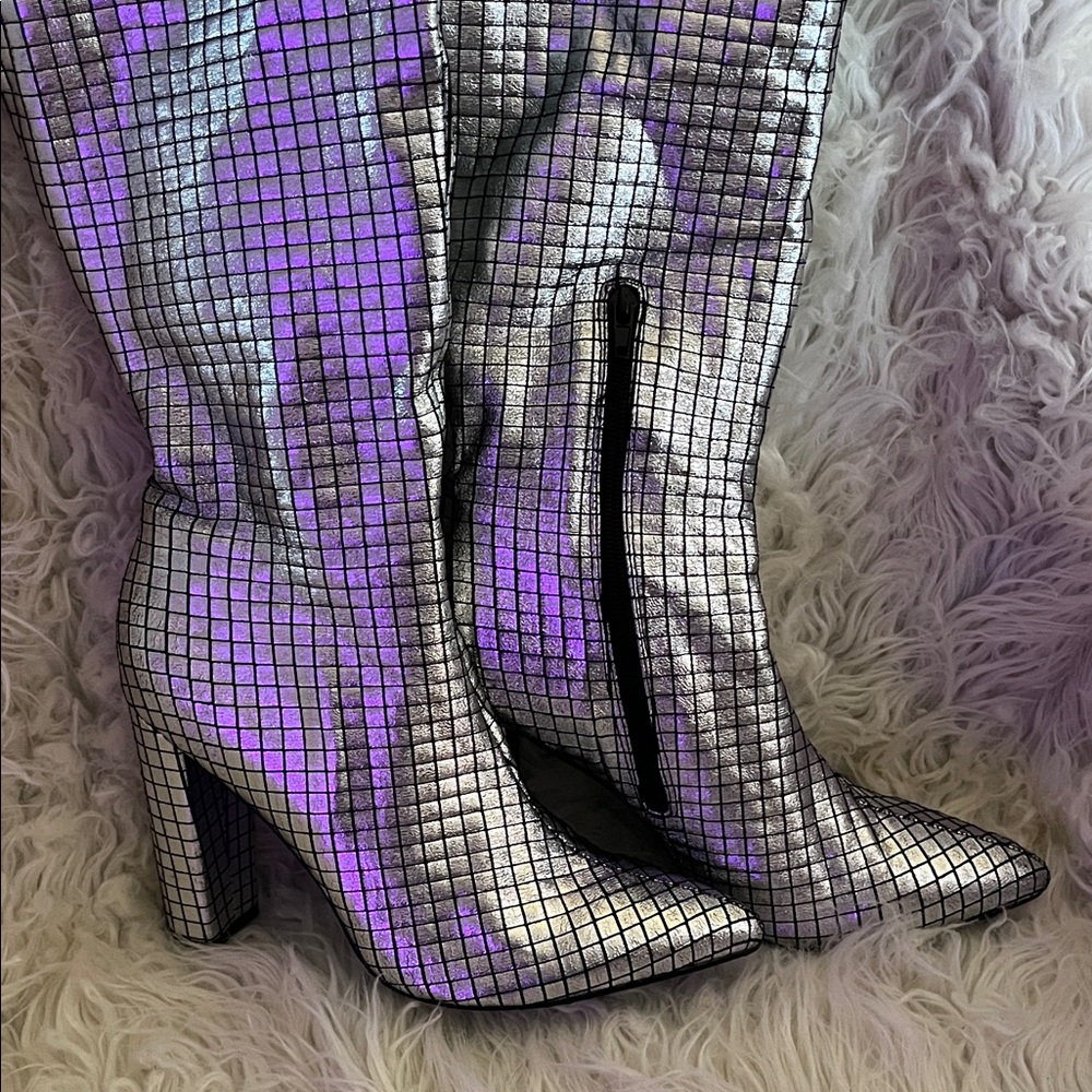 Silver Holographic Grid Knee-High Boots - Women - Picture 2 of 11